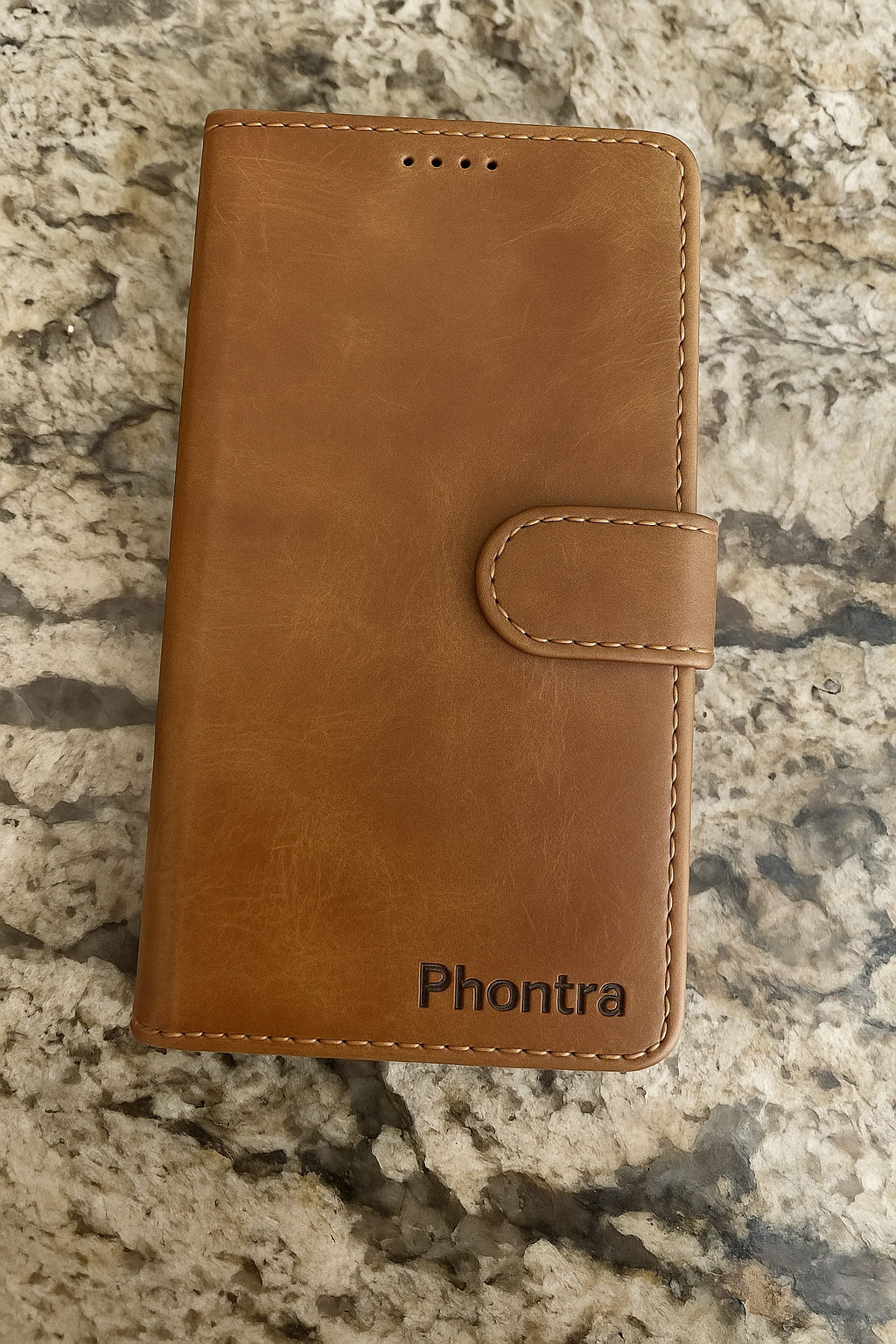 Phontra Leather Flip Folio Case for iPhone 16 - Genuine Leather Wallet Case with Card Holder & Stand Function (Brown)