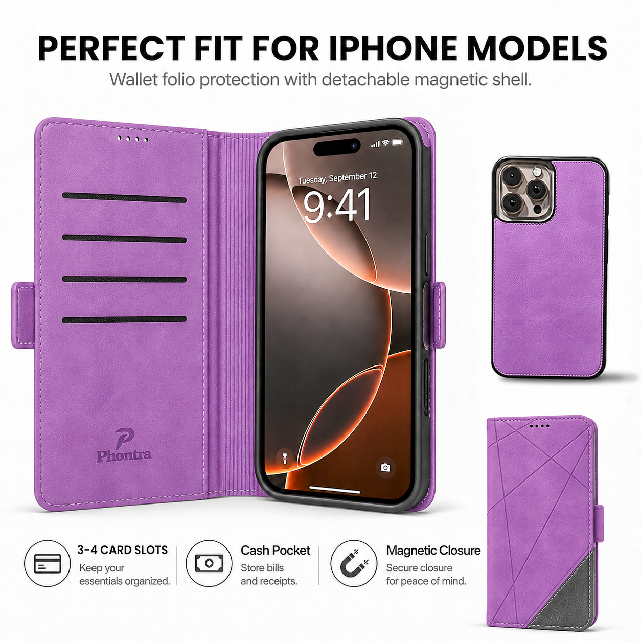 Phontra EMF protection leather wallet case lifestyle — carried in hand