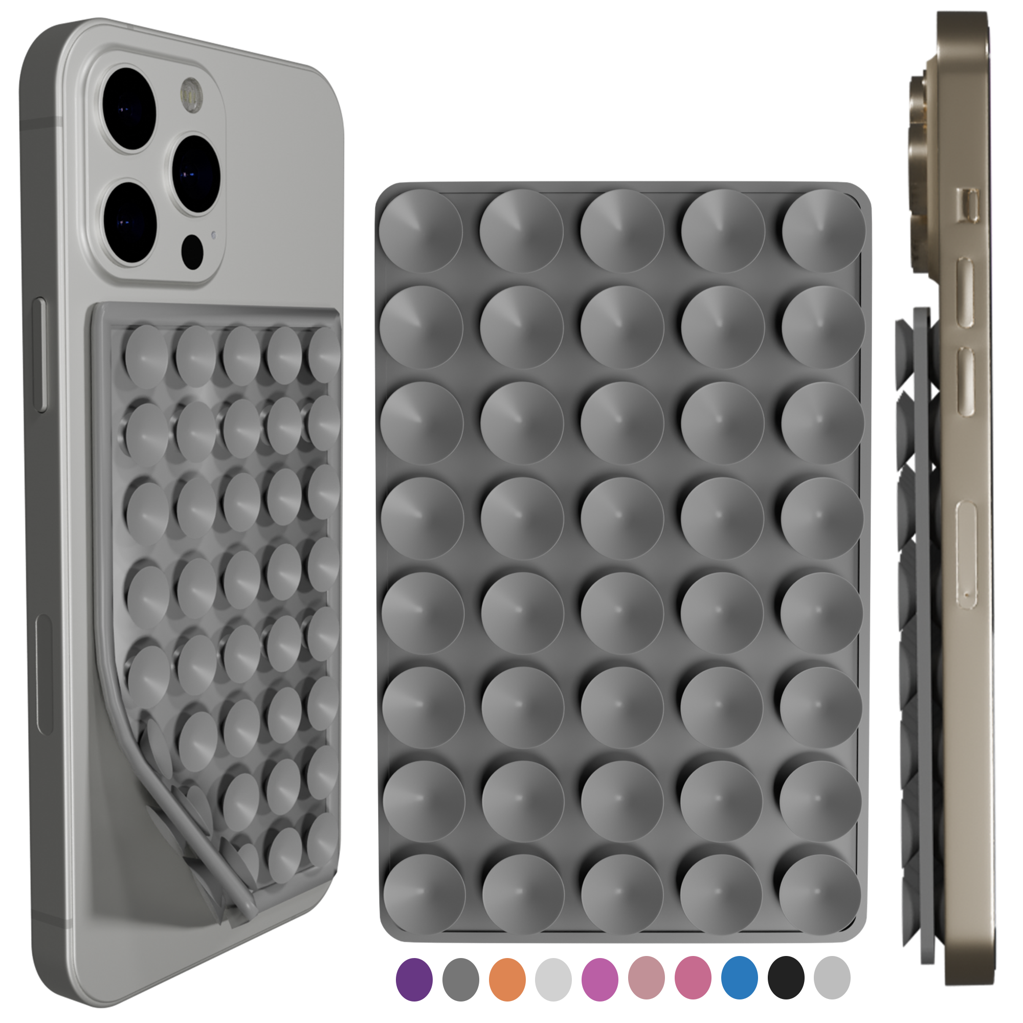 Phontra suction case mounted on glass surface — hands-free selfie angle