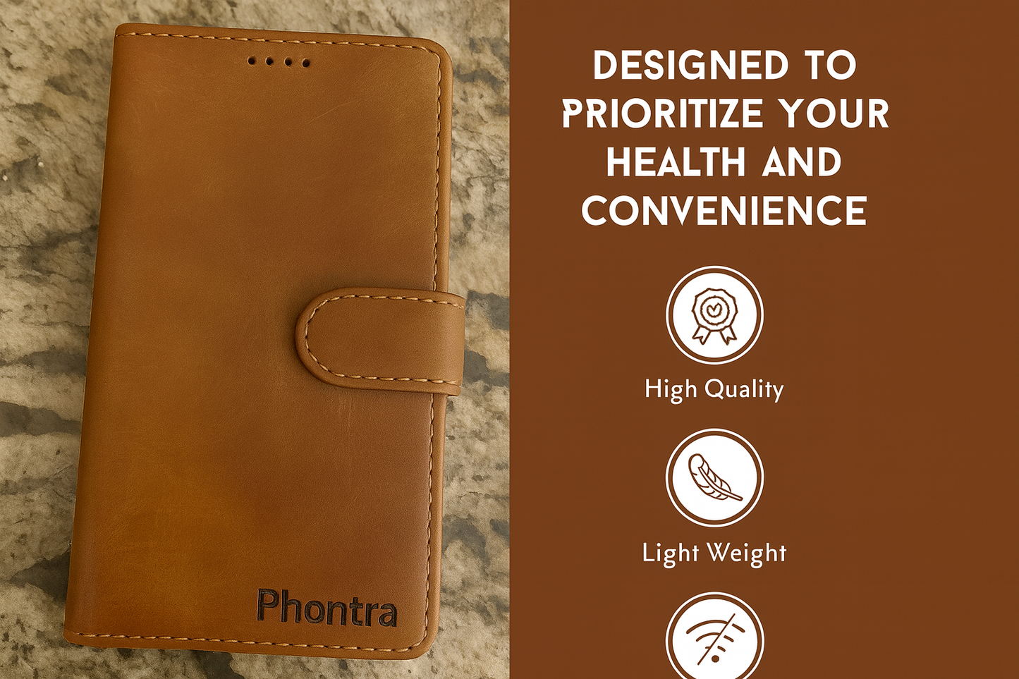 Phontra Leather Flip Folio Case for iPhone 16 - Genuine Leather Wallet Case with Card Holder & Stand Function (Brown)