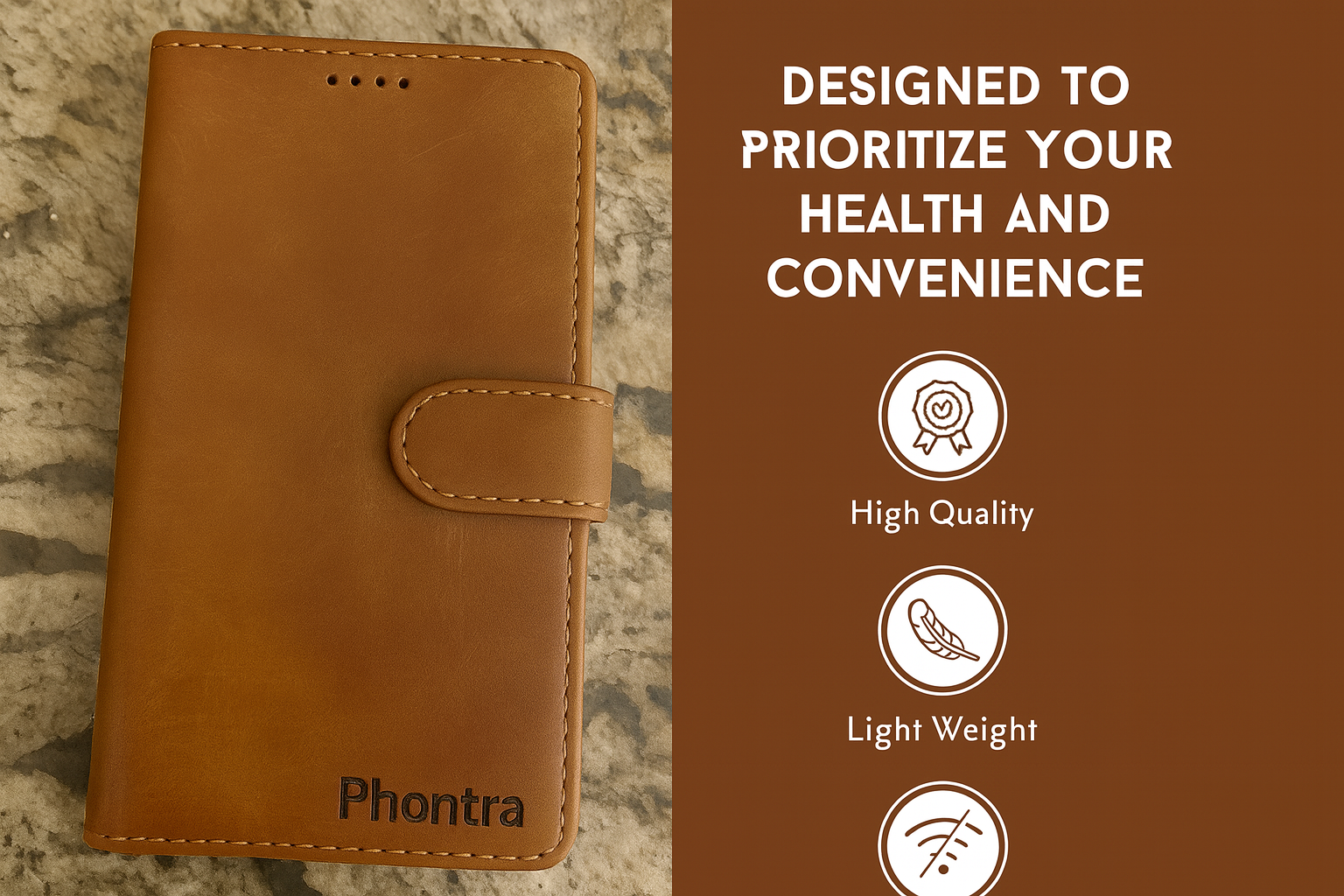Phontra Leather Flip Folio Case for iPhone 16 - Genuine Leather Wallet Case with Card Holder & Stand Function (Brown)