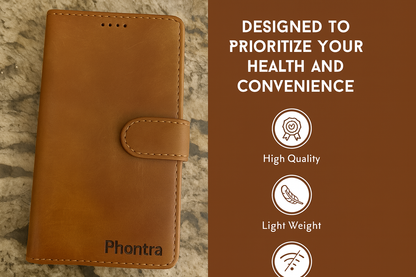 Phontra Leather Flip Folio Case for iPhone 16 - Genuine Leather Wallet Case with Card Holder & Stand Function (Brown)