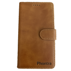 Phontra Leather Flip Folio Case for iPhone 16 - Genuine Leather Wallet Case with Card Holder & Stand Function (Brown)