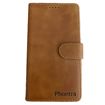 Phontra Leather Flip Folio Case for iPhone 16 - Genuine Leather Wallet Case with Card Holder & Stand Function (Brown)