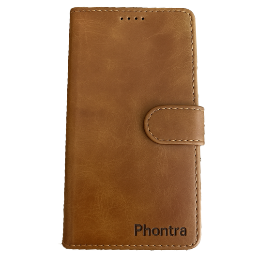 Phontra Leather Flip Folio Case for iPhone 16 - Genuine Leather Wallet Case with Card Holder & Stand Function (Brown)