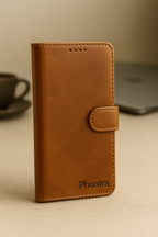 Phontra Leather Flip Folio Case for iPhone 16 - Genuine Leather Wallet Case with Card Holder & Stand Function (Brown)
