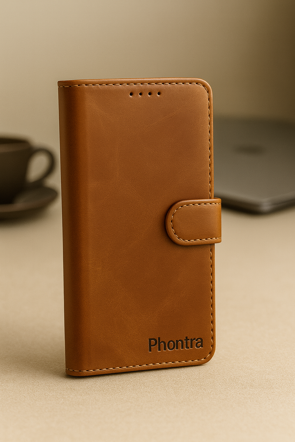 Phontra Leather Flip Folio Case for iPhone 16 - Genuine Leather Wallet Case with Card Holder & Stand Function (Brown)
