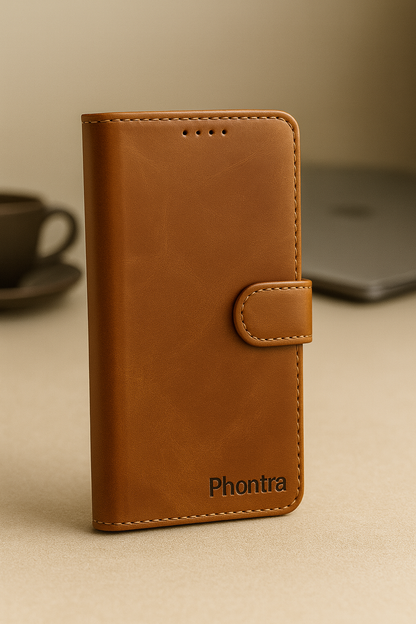 Phontra Leather Flip Folio Case for iPhone 16 - Genuine Leather Wallet Case with Card Holder & Stand Function (Brown)